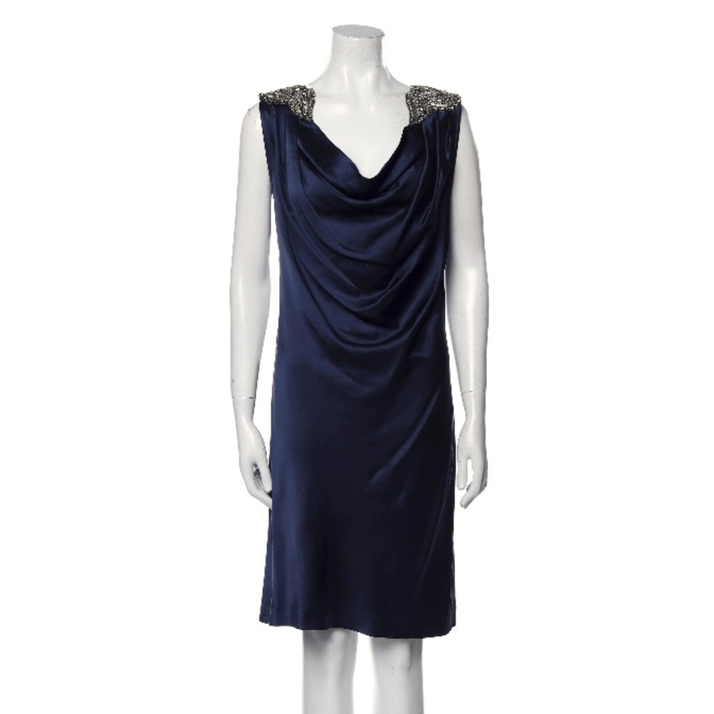 Adam Lippes Teal 100% Silk Cowl Neck Rhinestone Crystal Embellish Cocktail Dress
